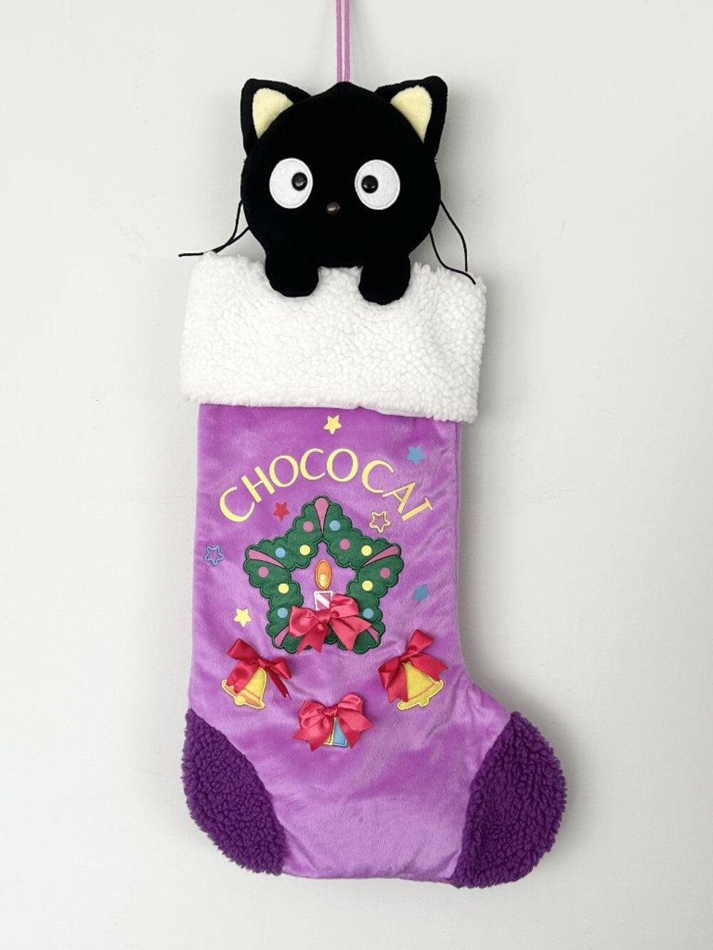Rare Sanrio CHOCOCAT Christmas Stocking Plush Head Purple Fleece Sherpa 3D Bows